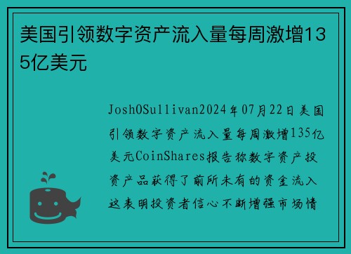 美国引领数字资产流入量每周激增135亿美元 